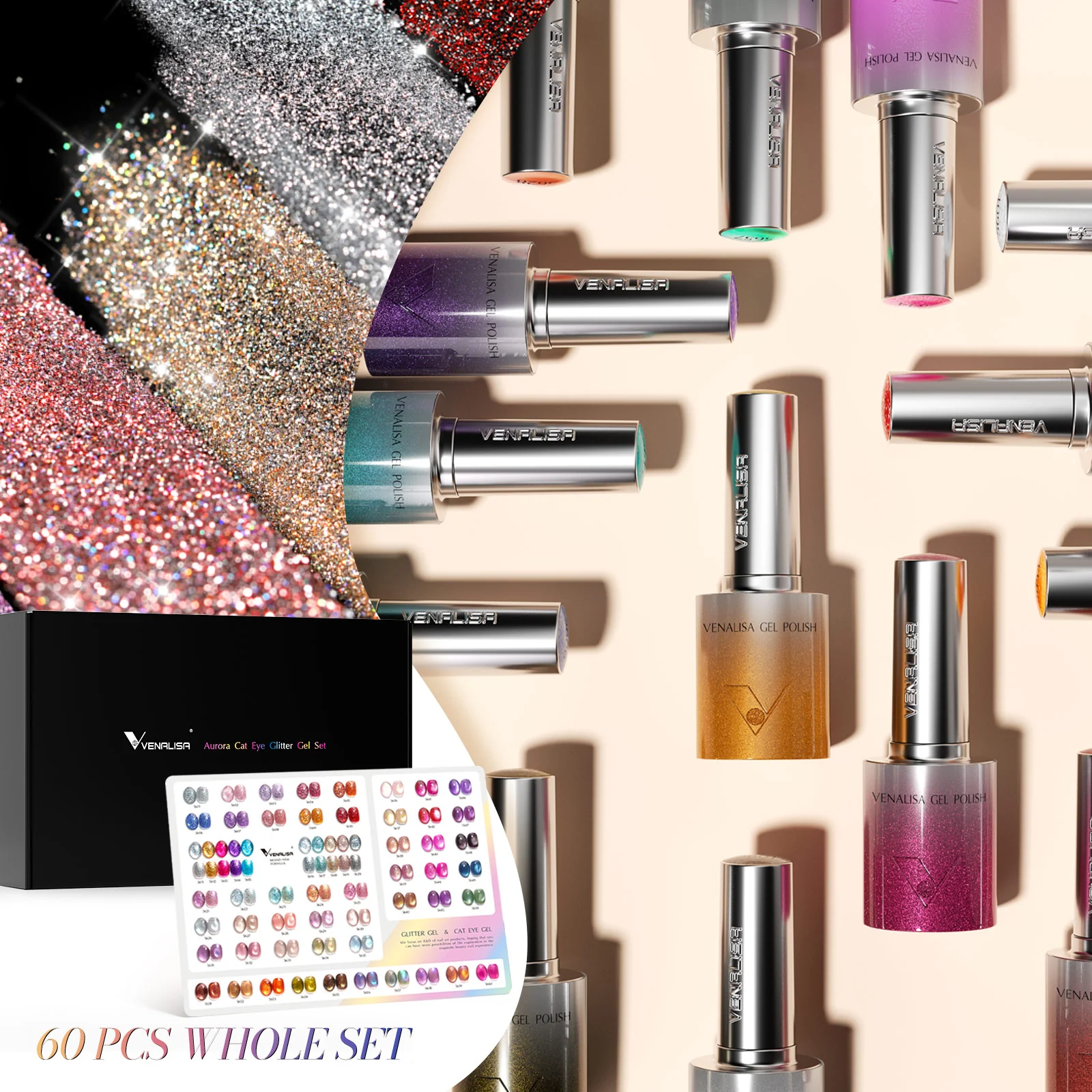 10ML Glitter & Cat Eye Gel 60 Colors Set (With Color Display) TPO Free Hema Free - Image 3
