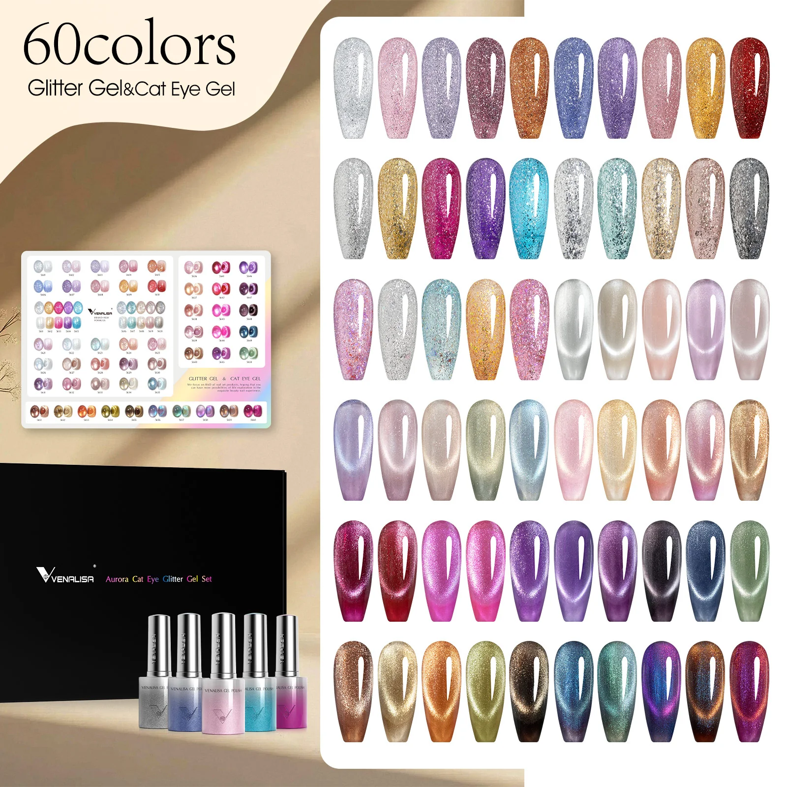 10ML Glitter & Cat Eye Gel 60 Colors Set (With Color Display) TPO Free Hema Free - Image 5